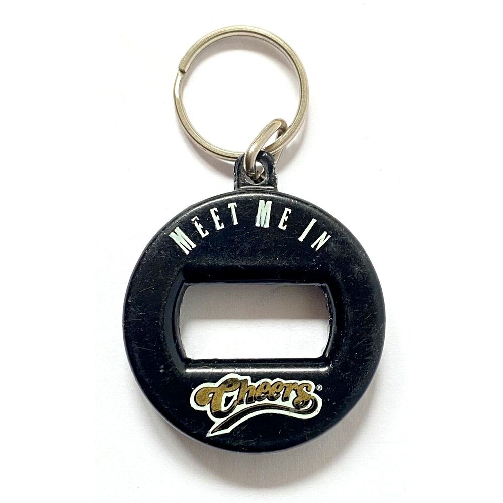 Meet Me In Cheers Keychain Black White Gold Vintage Metal Bottle Opener Logo